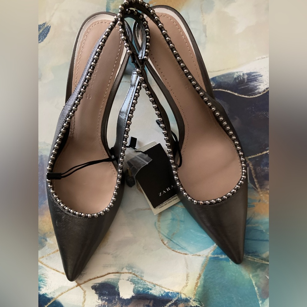 Zara  leather kitten heel silver sling back metallic shoe